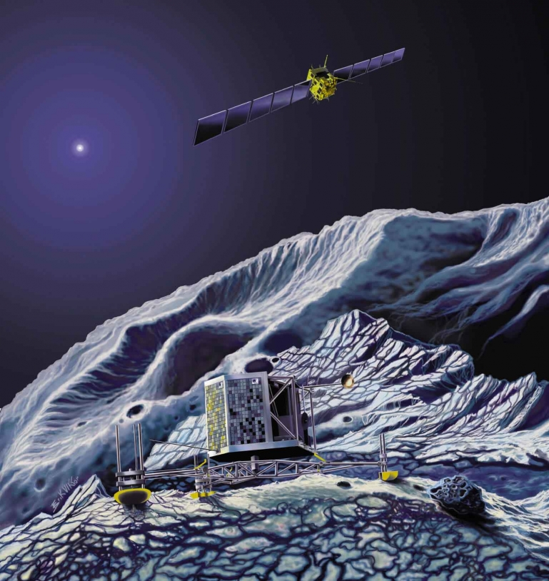 L&#039;atterrisseur Philae de la sonde Rosetta devrait se poser sur la comète Churyumov-Gerasimenko en 2014. Crédits : Ill. ESA.