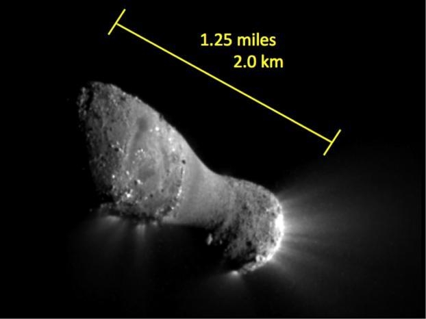 Image du noyau de la comète Hartley-2, prise par la sonde Deep Impact à environ 700 km d’altitude, le 4 Novembre 2010. Crédits : NASA/JPL-Caltech/UMD.
