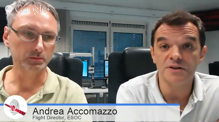 Andrea Accomazzo, Directeur de vol de la mission Rosetta à l’ESOC, intervenait le 2 septembre dans un Hangout de l’ESA. Crédits : Google+.
